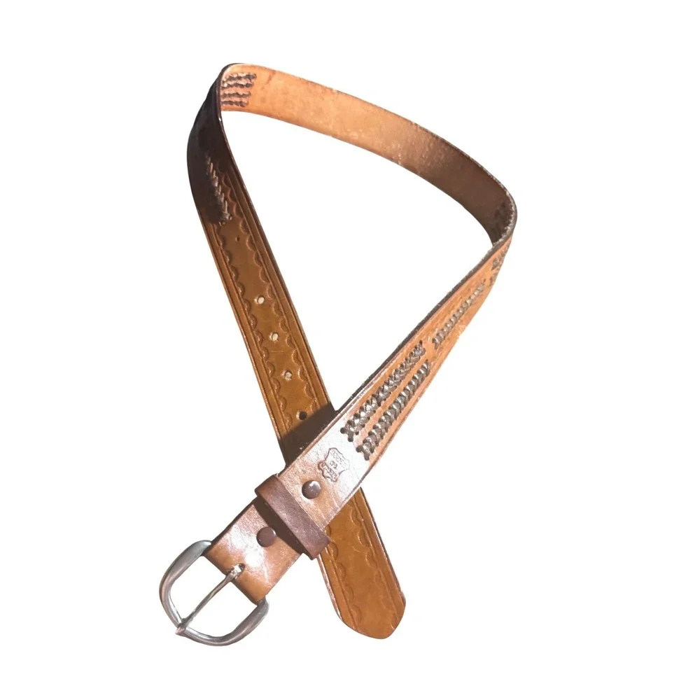 Hand Tooled Vintage Belt Mens 38 Tan Woven Inlay Made in Mexico Thick Leather